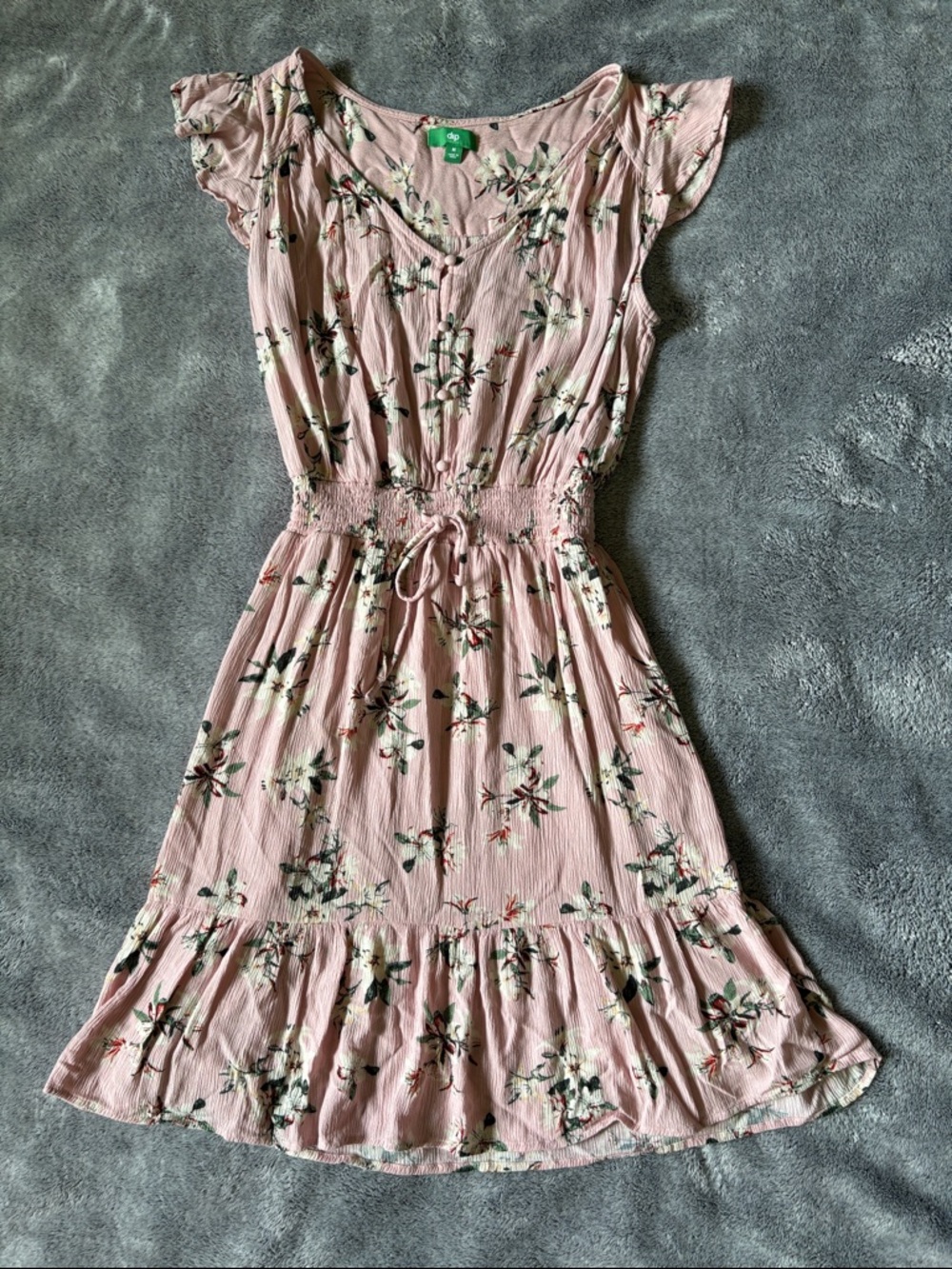 Pink Floral Smocked Waist Dress Size M Flutter Sleeve Boho Midi Cottagecore